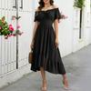 Women's Off Shoulder Short Sleeve Color Ruched Tie Waist Maxi Dress Casual Summer