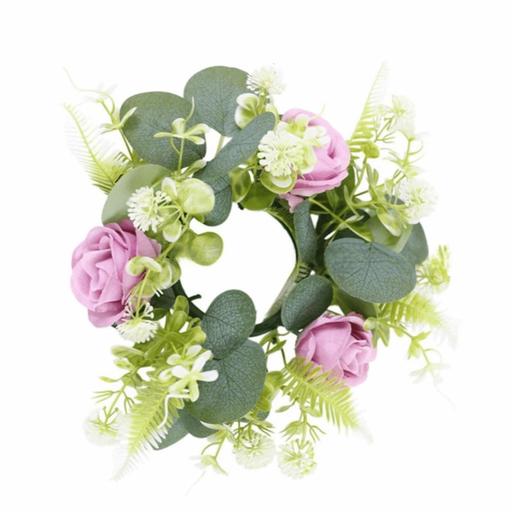 Rose Flower Artificial Eucalyptus Wreath Faux Greenery Desktop Candle Ornament Porch Wall