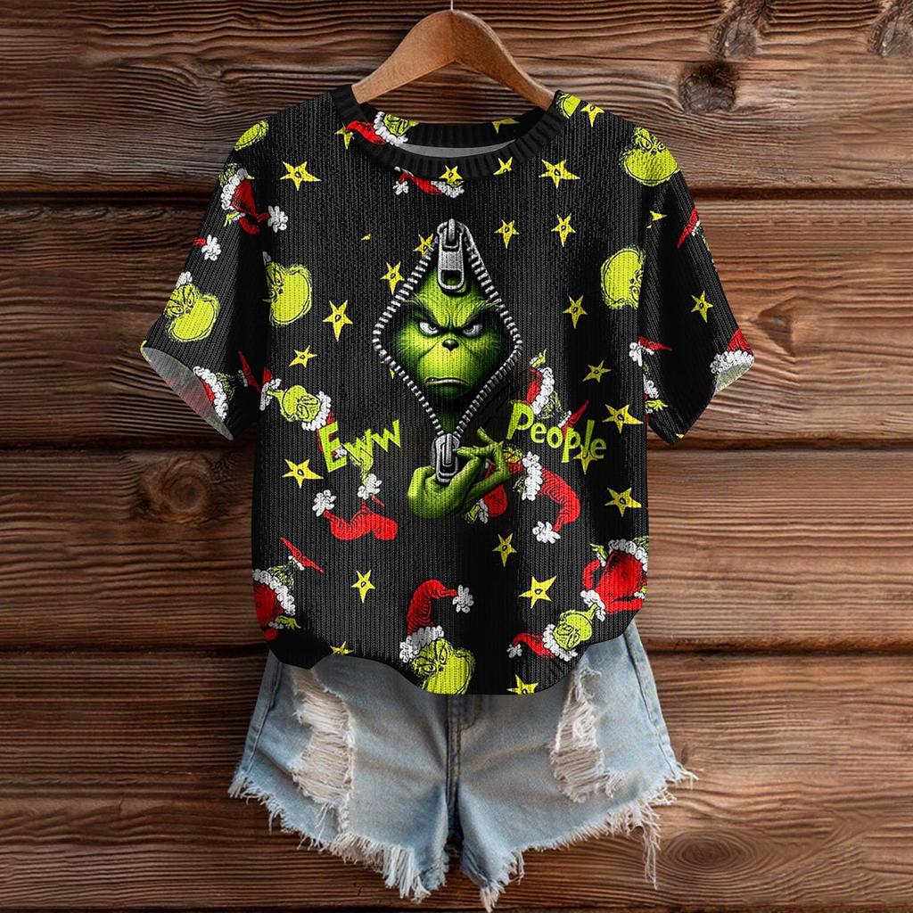 Women's Cute Sweater Knitted Fashion Casual Round-neck Short-sleeved  Cozy Print Top