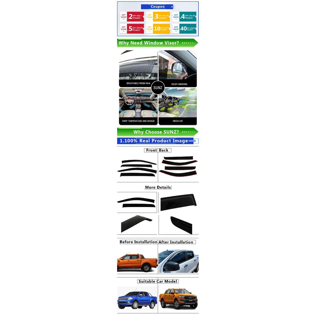 Window Visor For Ford Ranger Wildtrak T6 T7 T8 2012 2013 2014 2015 2016 2017 2018 2019 2020 2021 Sun Rain Guard Window Dflector