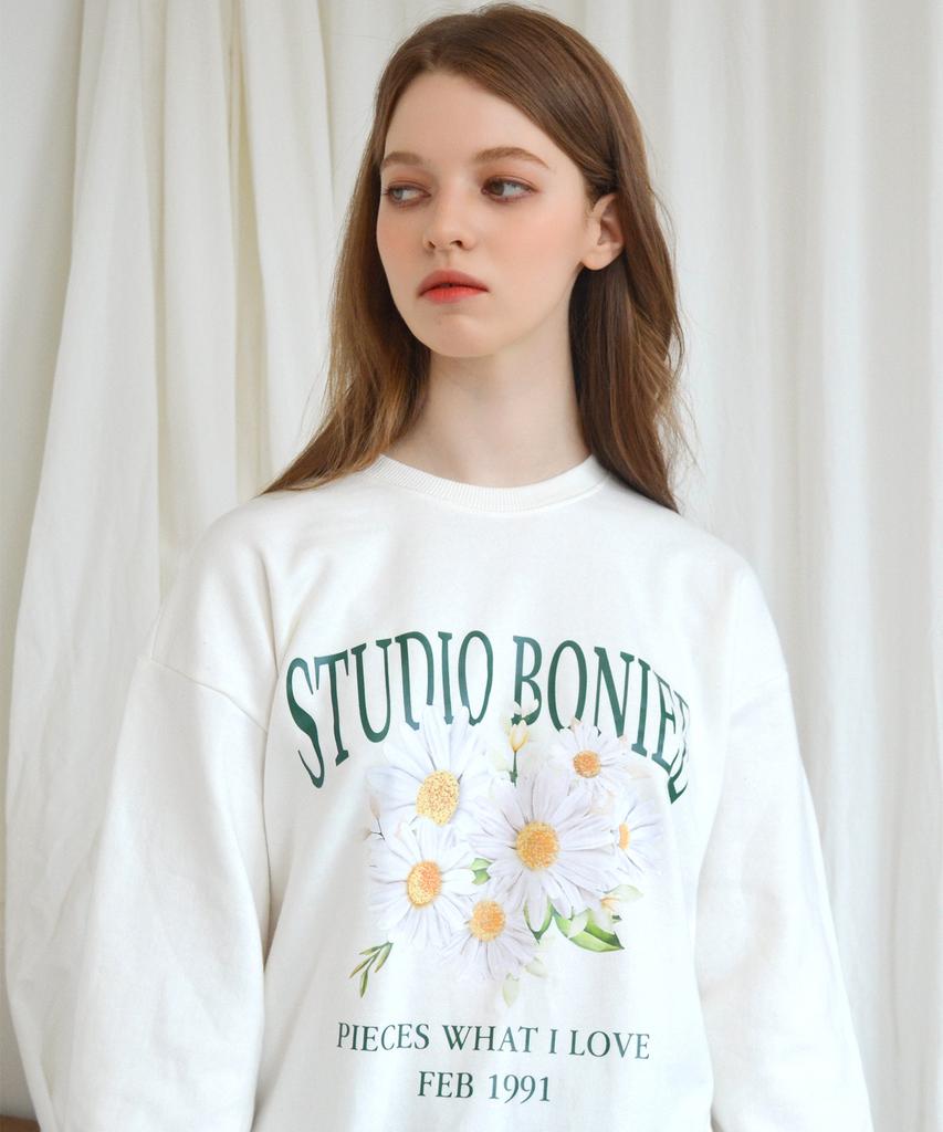 BONIEE [Fleece Lined] Daisy (Daisy For You) Graphic Oversized Sweatshirt White
