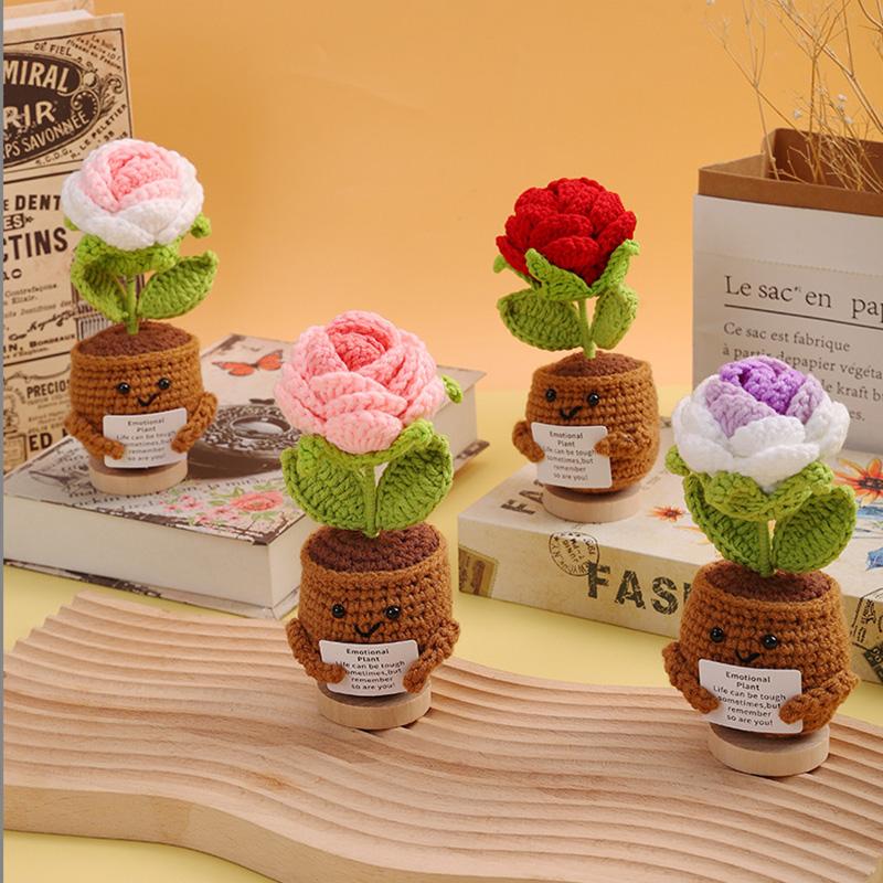 Handgemachte Häkelrosenblumen mit positiver Karte Sonnenblumen Häkelblume Positive Emotionale Unterstützung Gestrickte Blumen Raumdeko