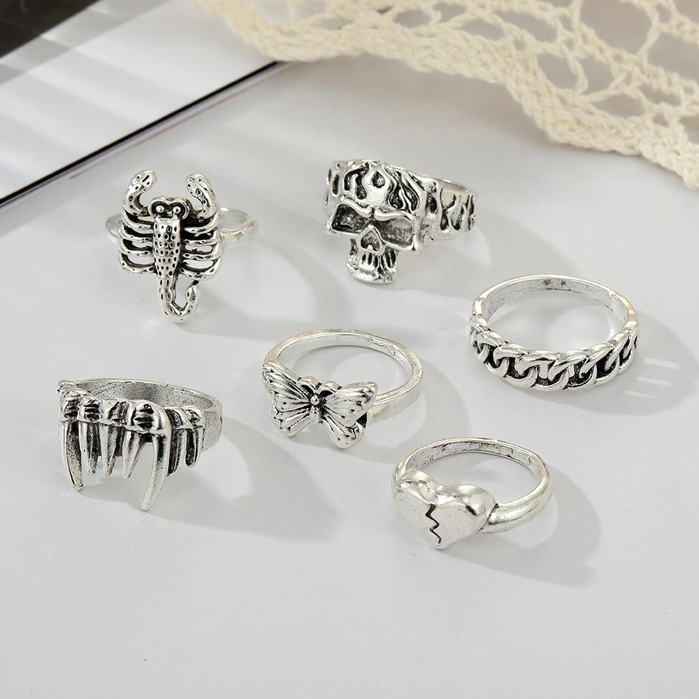 Vintage Hand Carved Ring Skeleton Tooth Butterfly Love Versatile Jewelry Ring Set
