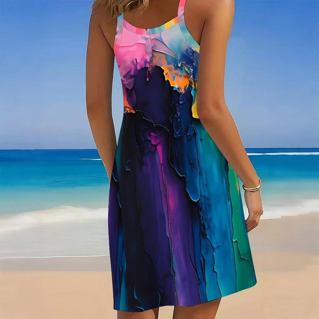Robe de Plage pour Femme Mini Robe Imprimé Décontractée Moderne Robe Sans Manches Coupe Ample Extérieur Quotidien Été