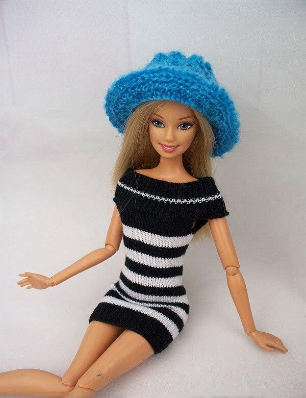 Summer striped white blue cotton dress for Blythe doll boots for Blythe crochet bag for Blythe doll