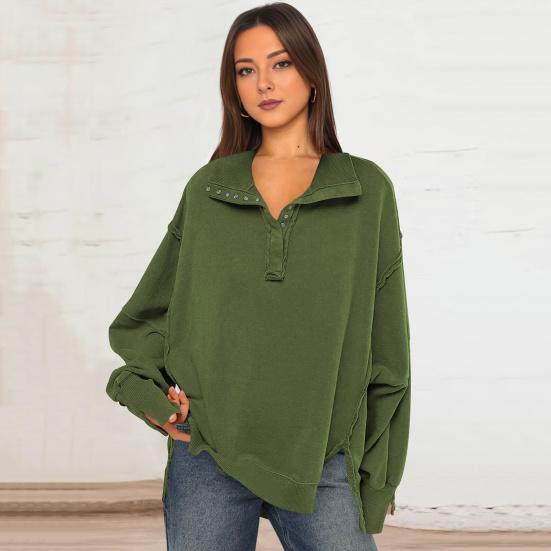 Fall Spring Women Sweatshirt Loose Turn-down Collar Lantern Sleeves Loose Solid Color Side