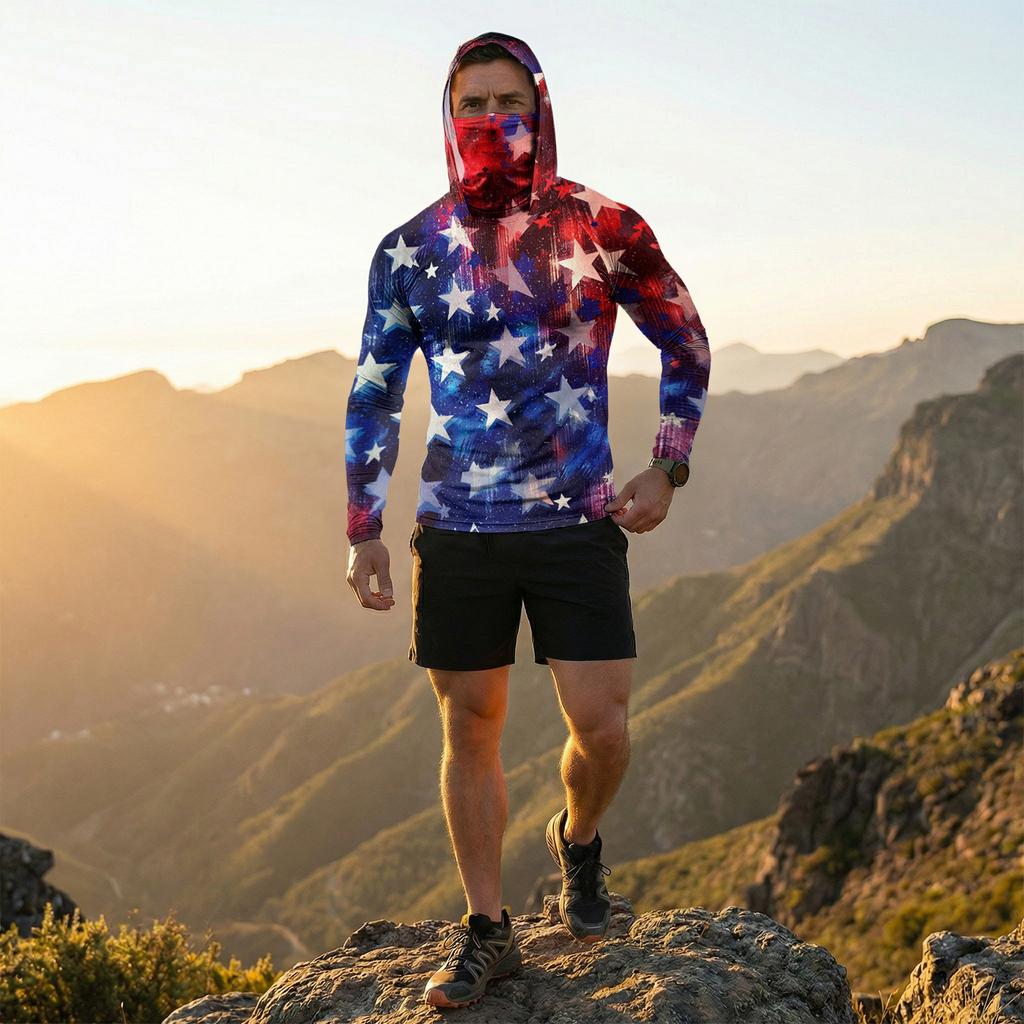 Men's Casual Raglan Sleeve Hooded Long Sleeve Sun Protection Shirt with Graphic Print for Outdoor Sports and Activities