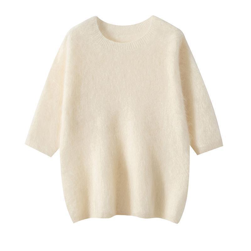 Women's 100% Cashmere Short Sleeve Sweater - Round Neck, Brushed Knit for Autumn/Winter