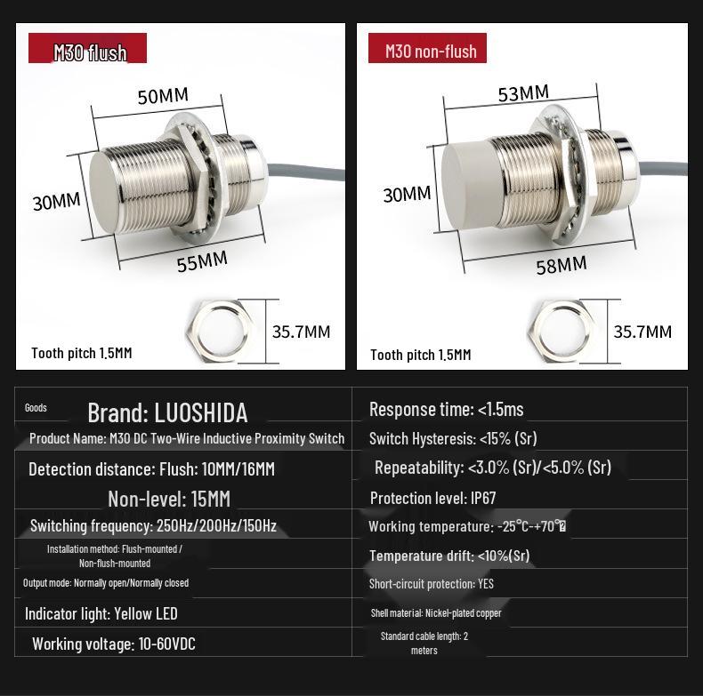 High Precision Waterproof NPN Proximity Switch Sensor (M8, M12, M18, M30) - Anti-Interference, Two-Wire Design