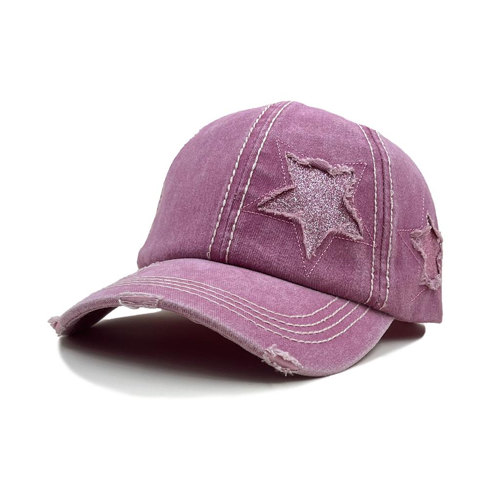 Pure Cotton Washed Ponytail Hole-Out Five-Pointed Star Baseball Cap, Trendy Curved Brim Ponytail Braid, Duckbill Hat