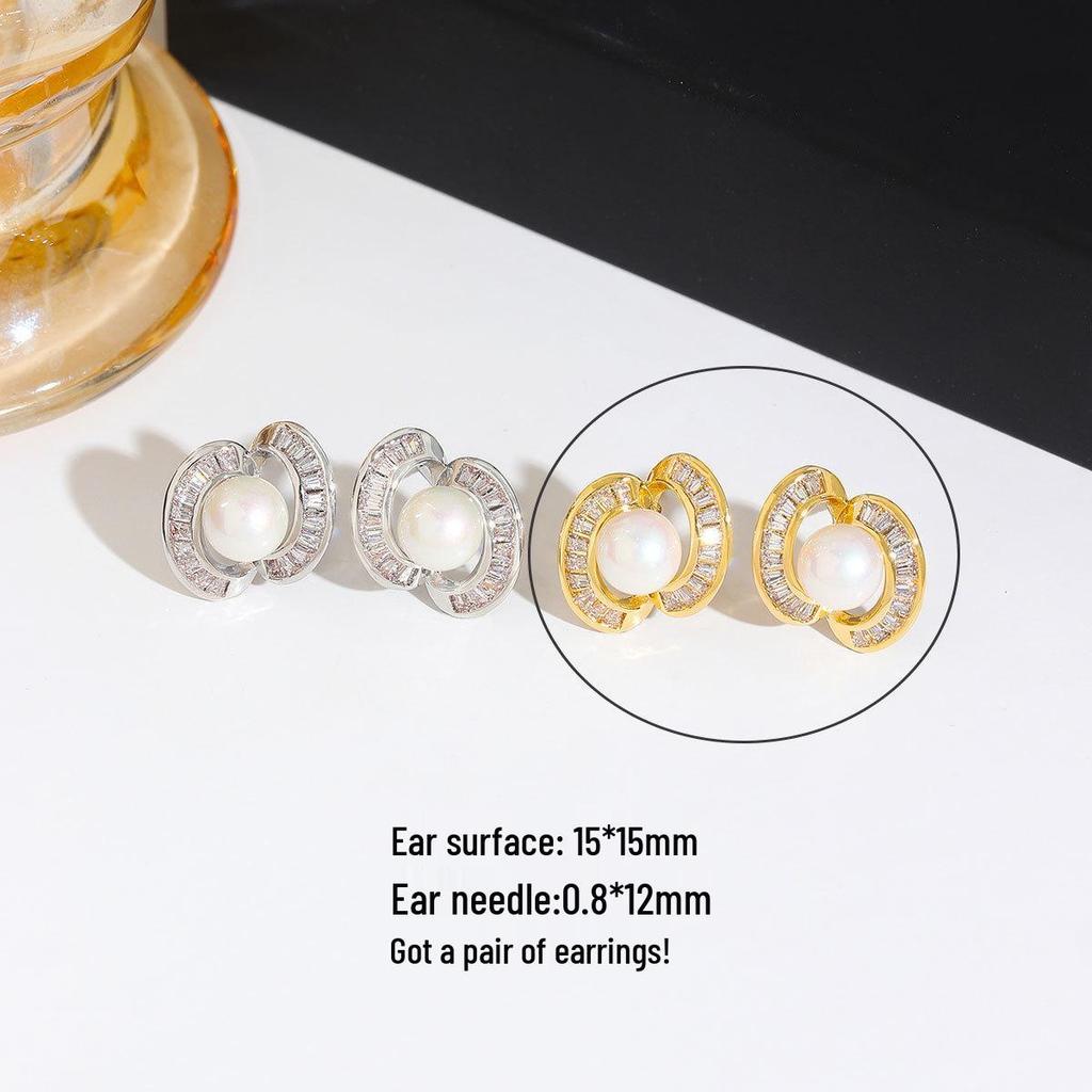 Gold-Plated Crescent Pearl Zirconia Stud Earrings: Starry River Light Luxury Commute Versatile Design