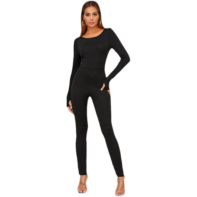 Fashion Style Spring & Fall New Arrival Round Collar In Black Sexy Open Back Slim Fit Bodysuit Bottoming Jumpsuit Jumpsuits