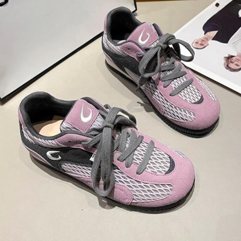 Fashion Mesh Breathable Casual Flats Women Summer New Round Toe Spliced Front Lace-Up Soft Sole Versatile Retro Fishnet Single Shoes