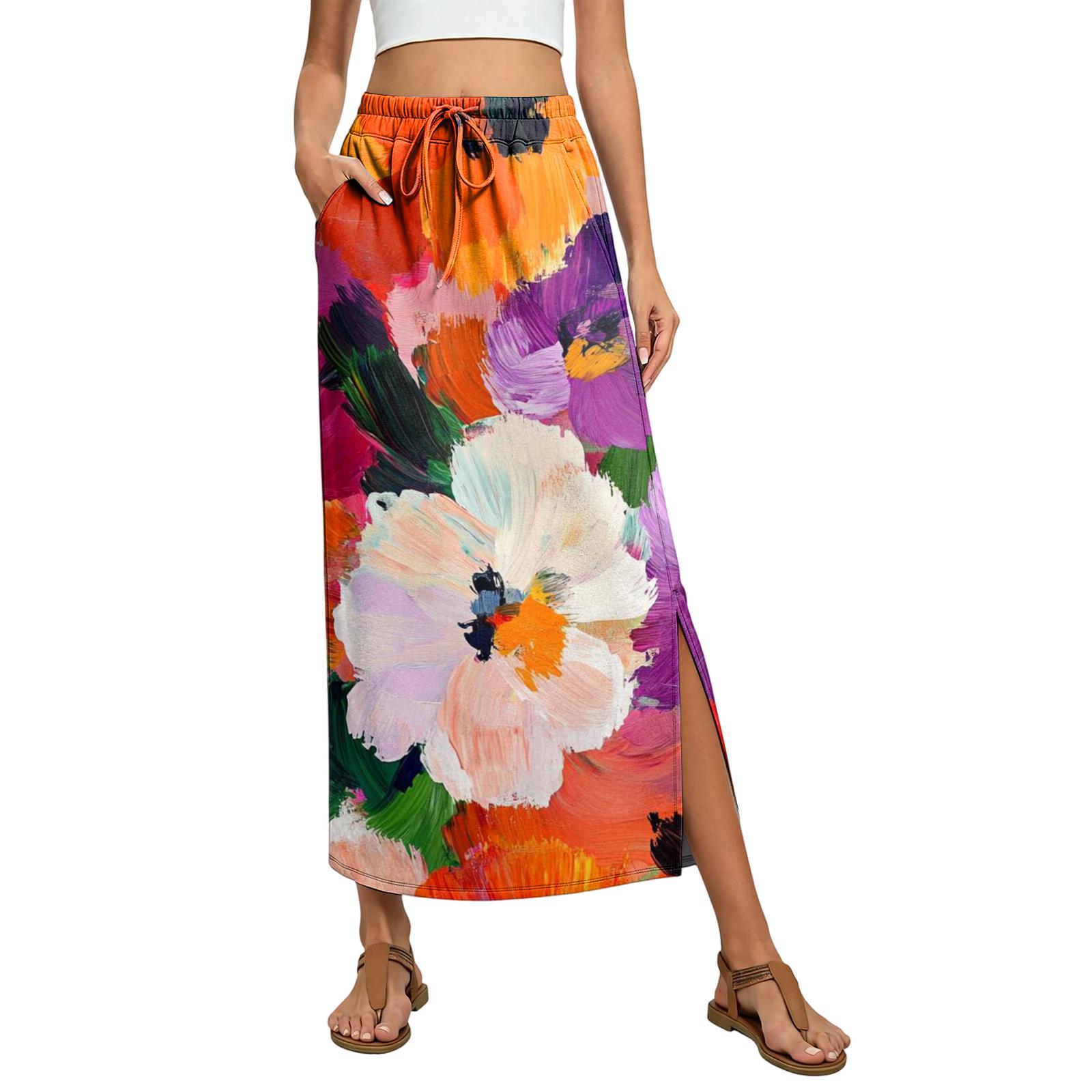 

Ladies floral elastic waist drawstring pocket skirt XL шафрановий