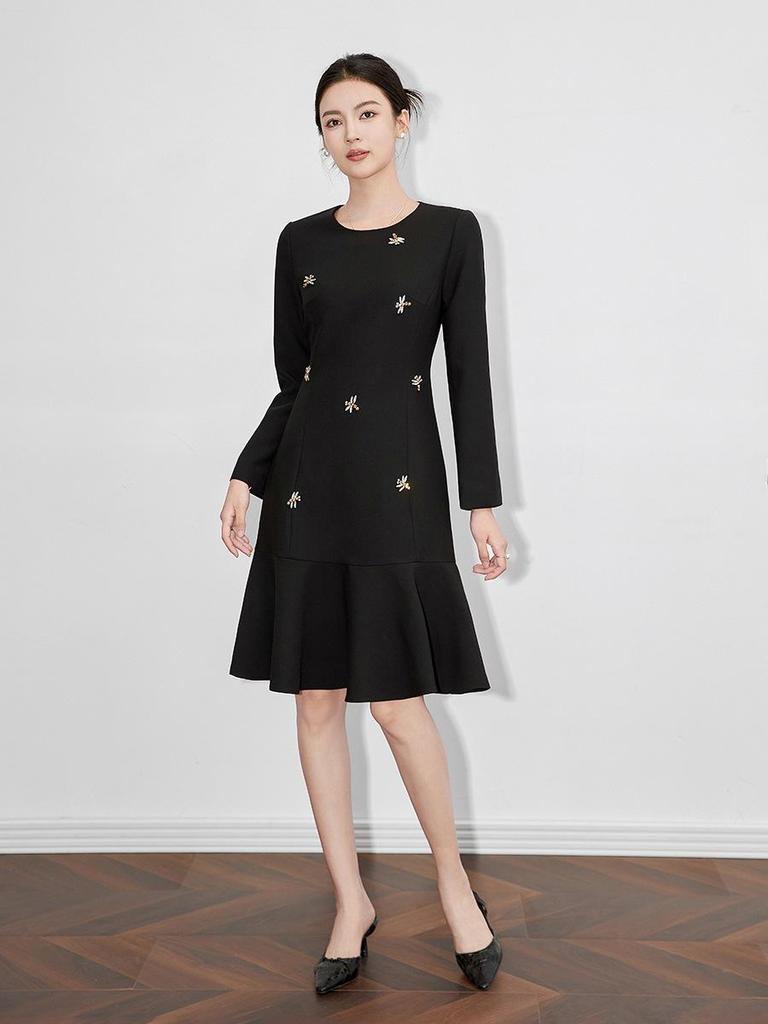 High-Grade Handmade Diamond Slim Ruffled Long-Sleeved Mini Dress for Formal Occasions