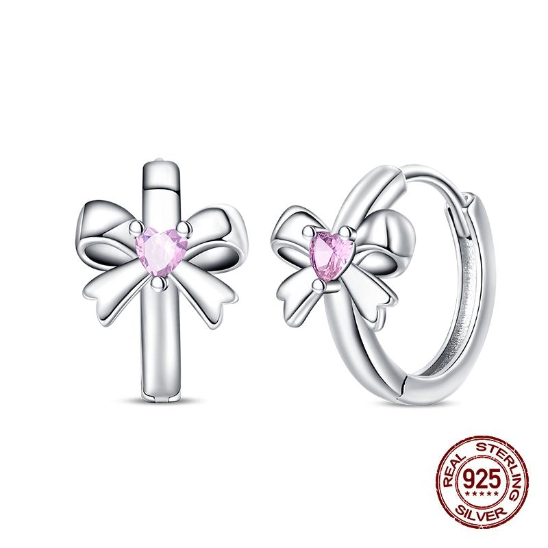 New Earring For Women 925 Silver Sparkling Cordate Zircon Pink Bow Princess Double Hoop Earrings Luxury Festival Party Jewelry