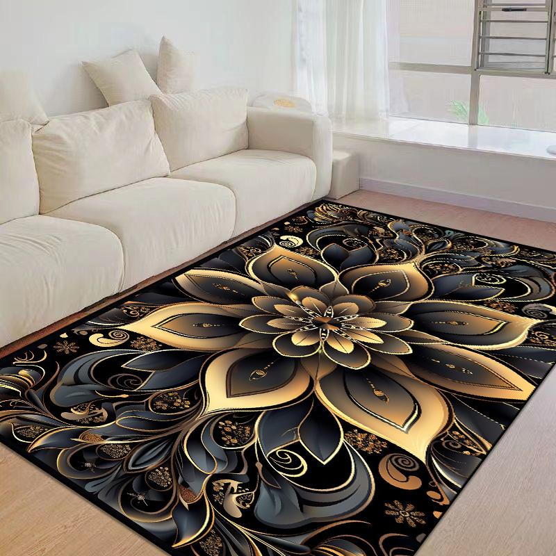 European Home Luxury Golden Flowers Living Room Decor Sofa Carpet Washable Rugs for Bedroom Black Gold Lounge Coffee Tables Mat