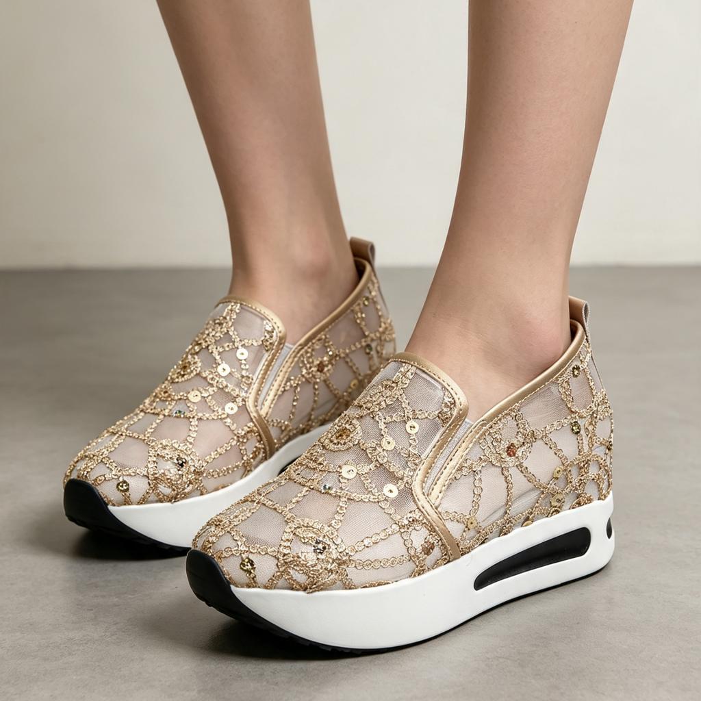 Women's Lace Sequin Embroidered Flat Shoes with Inner Lift for Daily Wear