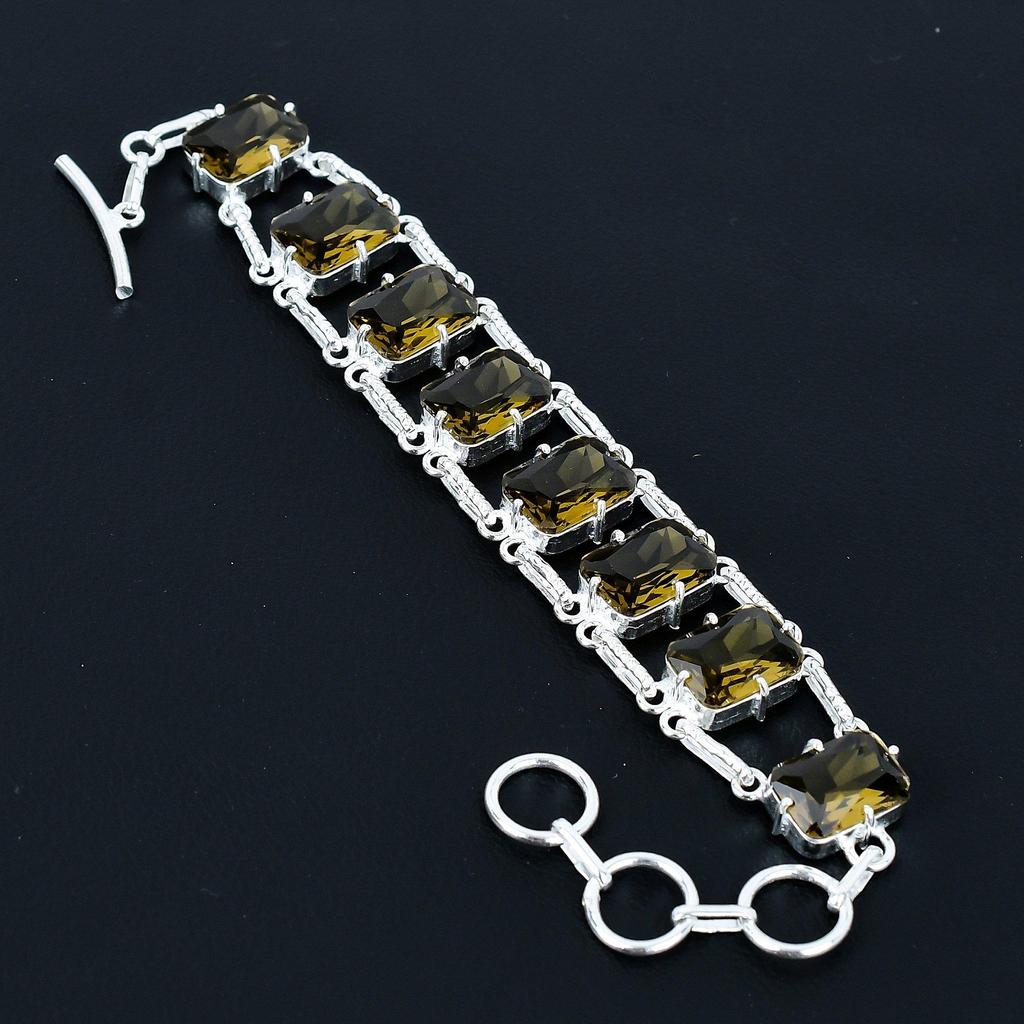 Faceted Smoky Quartz Bracelet 925 Sterling Silver Jewelry Adjustable Chain Bracelet Cushion Shape Gemstone Handmade Jewelry Gift For Her