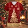 Women's Fashion Christmas Print V-Neck Short Sleeve Caregiver Work Top with Pockets