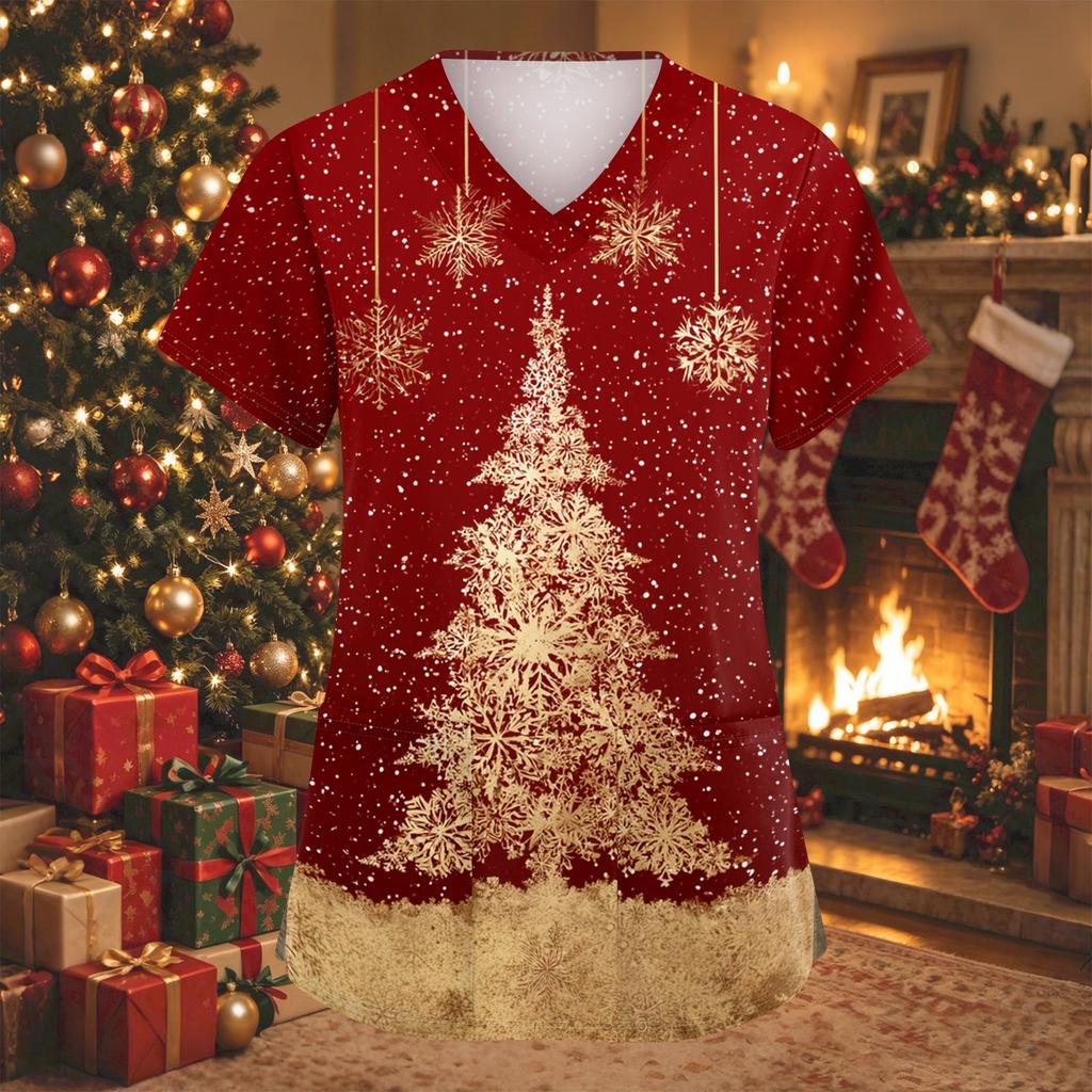 Women's Fashion Christmas Print V-Neck Short Sleeve Caregiver Work Top with Pockets