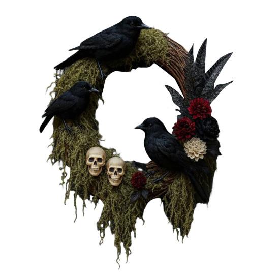

Halloween Crow Wreath for Front Door Gothic Artificial Vine Wreath with Skull And Flowers for Door Wall Window Indoor Outdoor Decor