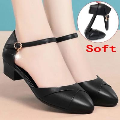 Fashion Mom's Shoes Soft Leather Square Heels Women Pumps Buckle Strap Baotou Cover Heel Sandal Soft Sole Hollow Shallow Office Shoe