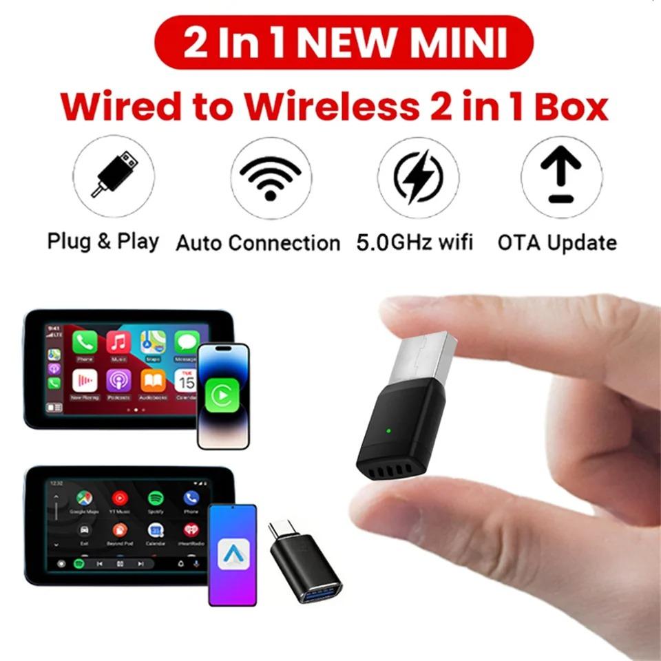 2 in 1 Mini Wireless CarPlay Adapter Android Auto Wireless Smart Dongle Kabelgebunden zu Drahtlos Car Ai Box für iPhone Android Handy für Toyota VW Peugeot MG