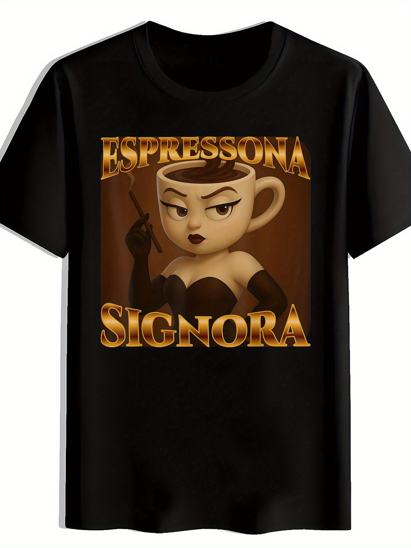 

Black Casual Short Sleeve T-shirt with Humorous Espresso Signora Graphic Print - Lightweight Polyester Round Neck Tee for Summer XXXL