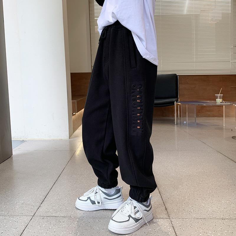 Boys Fleece Lined Solid Color Casual Sports Long Pants For Autumn Winter