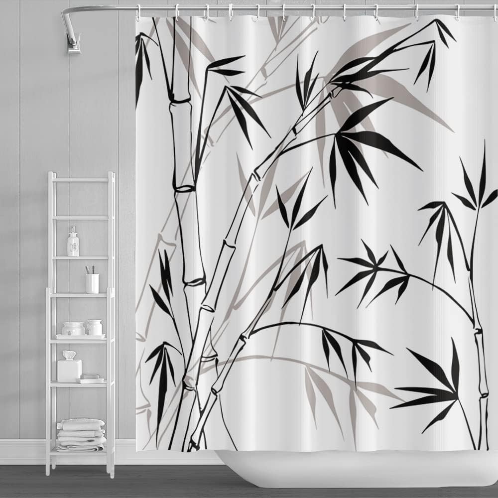 

Abstract Black And White Bamboo Leaf Shower Curtain-Classic Ink Painting Bamboo Plant Shower Curtain, Polyester Fabric With Hook W60H190(CM)-1 Pcs