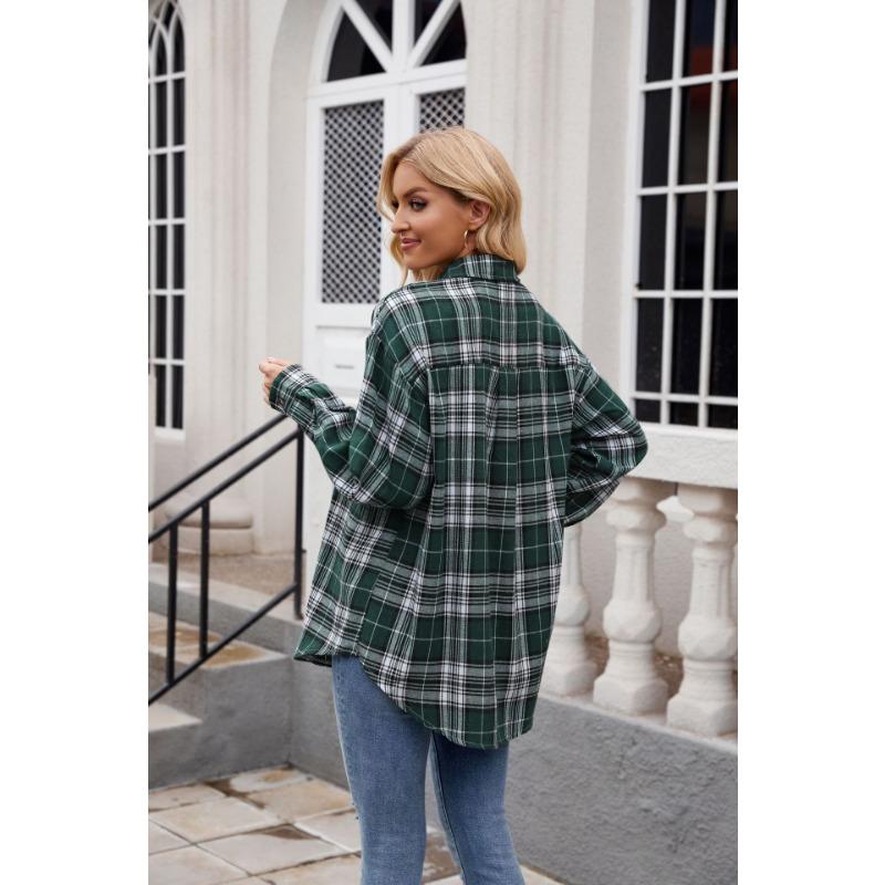Spring and Autumn Women's Casual Fashion Street Loose Plaid Long Sleeve Shirt