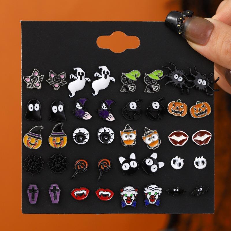 Hot Sale Halloween Stud Earrings Combination Cartoon Funny Pumpkin Head Ghost Bat Element Stud Earrings Set
