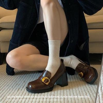 Herbst britischer Stil jk kleine Lederschuhe neue Retro-Freizeit-Dicke Ferse Hohe Ferse Einzelne Schuhe