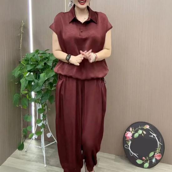 Women's Loose Two-Piece Outfit Lapel V Neck Short Sleeve Top Long Pants Set Summer Casual Lounge Suit