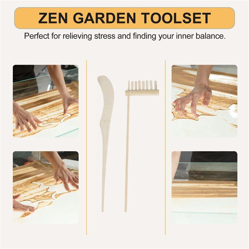 Good-Mini Japanese Zen Garden Rake Bamboo Tool Set, Wooden Sandbox Sand Play Therapy Kit For Spiritual Peace Meditation