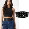 Personalized Design Hollow Rivet Wide Belt Three Row Needle Buckle Black Leather Waistbands  Party