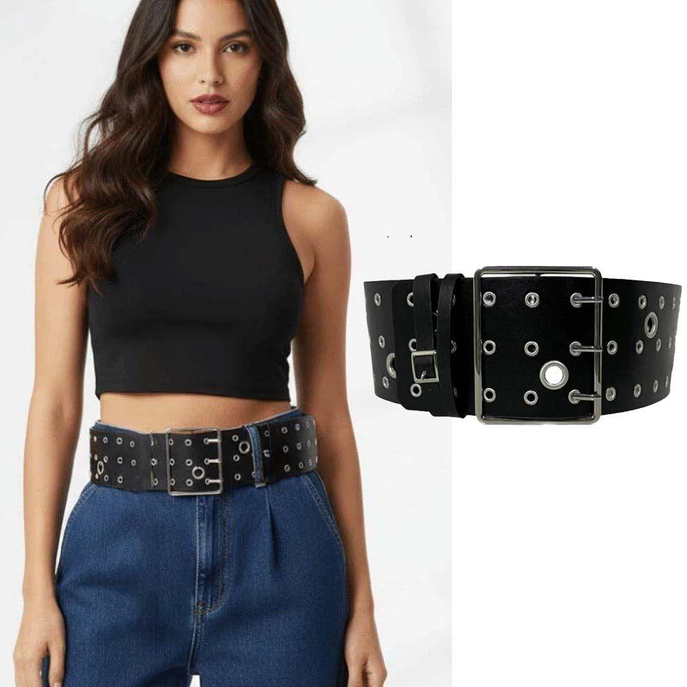 Personalized Design Hollow Rivet Wide Belt Three Row Needle Buckle Black Leather Waistbands  Party