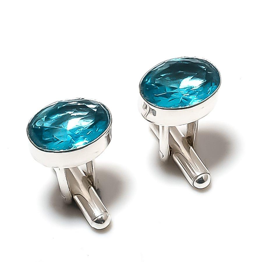 

Natural Swiss Blue Topaz Gemstone Handmade 925 Sterling Silver Cufflinks d8Q70
