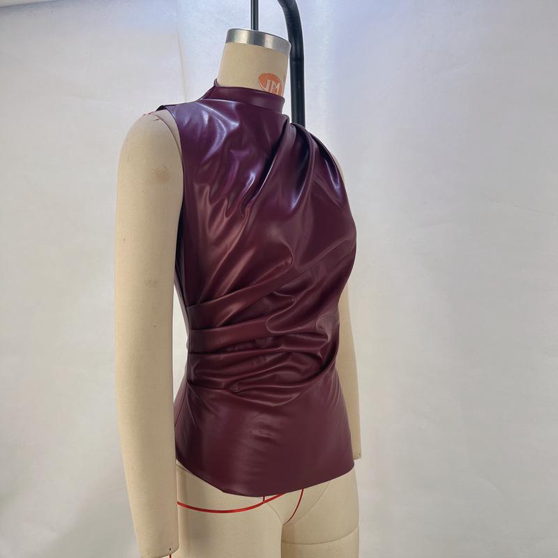 Europäischer & Amerikanischer Stil Damen Leder Wasserfallausschnitt Taillenbetont Asymmetrisches Ärmelloses Top