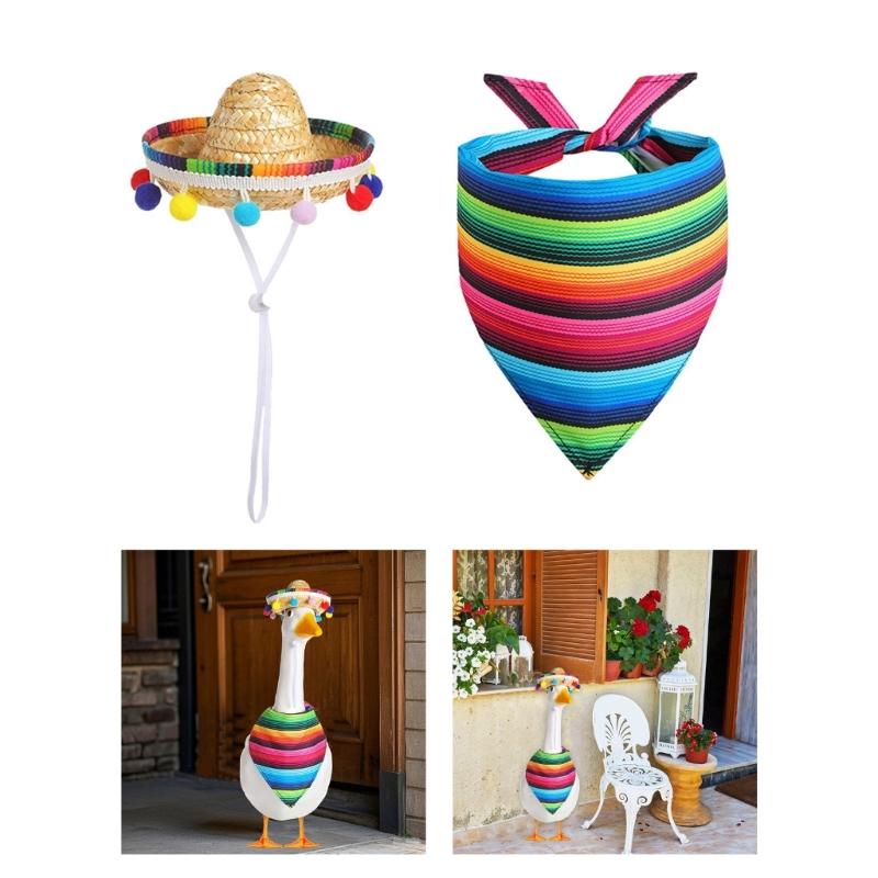23Inch Mexico Decorative Geese Outfit With Natural Straw Sombrero and Bandana Set For Patios Garden Geese Statue Decors