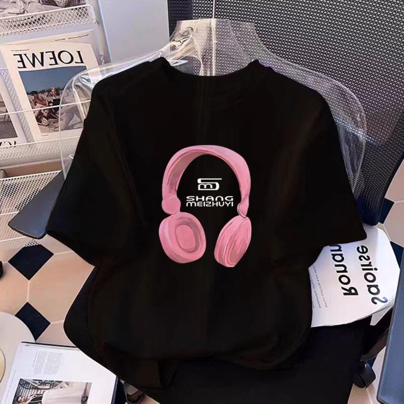 European Black Cotton Short-sleeved T-shirt Women's New Summer Loose Cartoon Printed Front Shoulder T-shirt Top