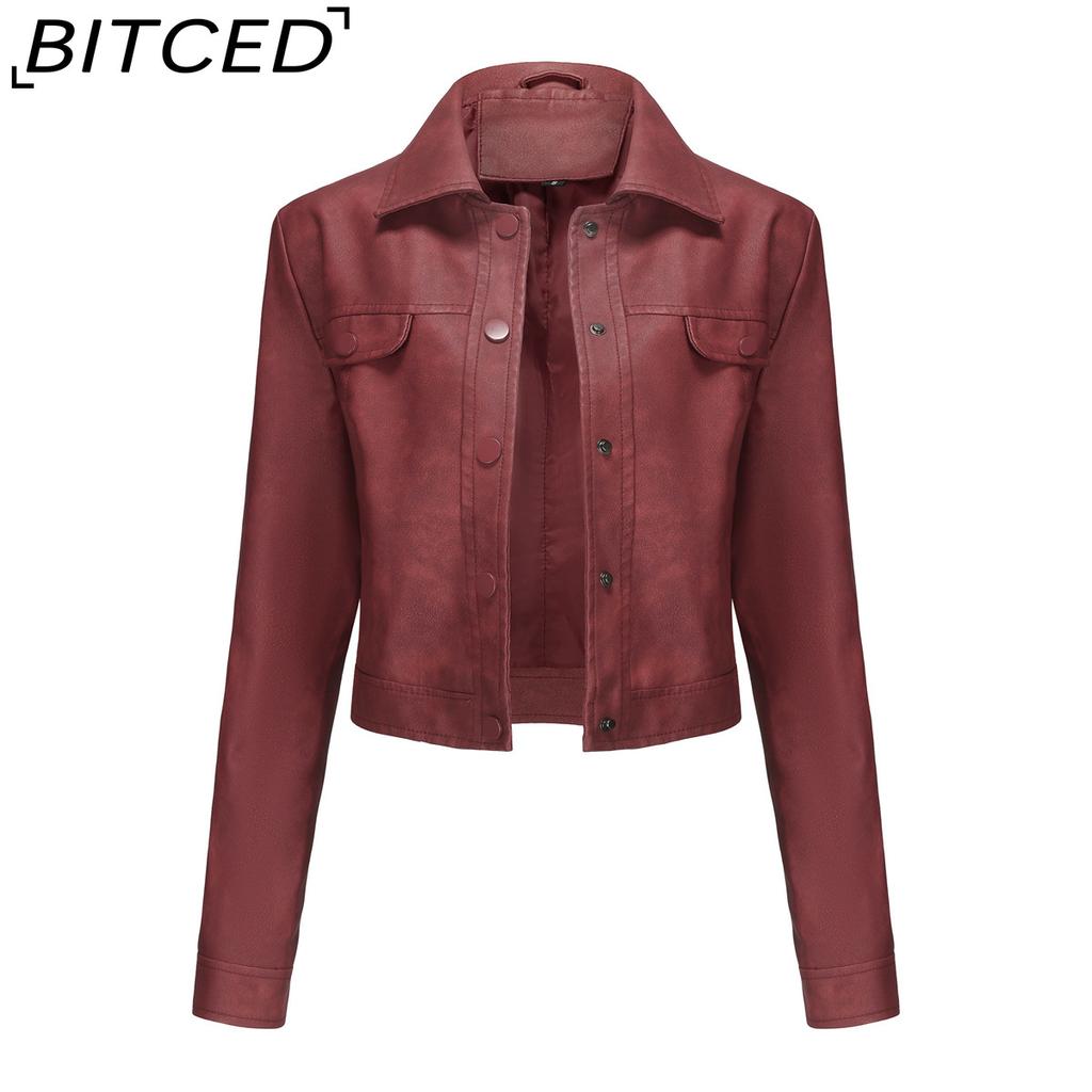 BITCED Spring/Autumn Lightweight Leather Jacket for Women Multi-Pocket Cardigan Style Casual Jacket Fashionable Trendy Everyday Outerwear