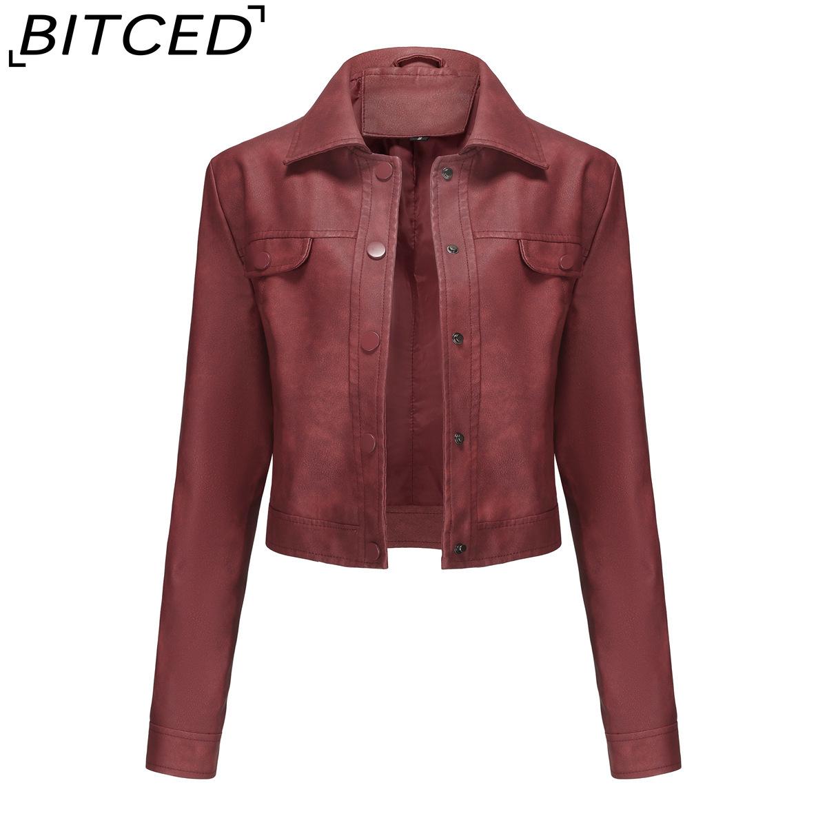 

BITCED Spring/Autumn Lightweight Leather Jacket for Women Multi-Pocket Cardigan Style Casual Jacket Fashionable Trendy Everyday Outerwear XXXL рубиново-красный