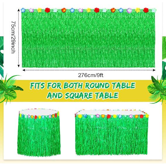6 Pieces Luau Green Grass Table Skirt 9 ft x 29 Inch Hawaiian Luau Table Skirt Raffia Fringe Skirt Hawaiian Tropical Party Supplies for Tropical