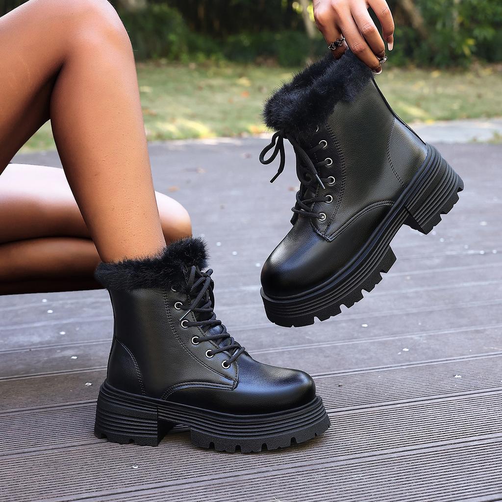 Women's Large Size Thick Sole Winter Warm Fur One Snow Boots Thickened Lined Ankle Boots Non-slip Hiking Sports Cotton Shoes Martin Boots