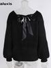 Fall Winter V-Neck Solid Color Women's Top, Imported New Long Sleeve Casual Loose Bow Tie Knit Sweater for Women
