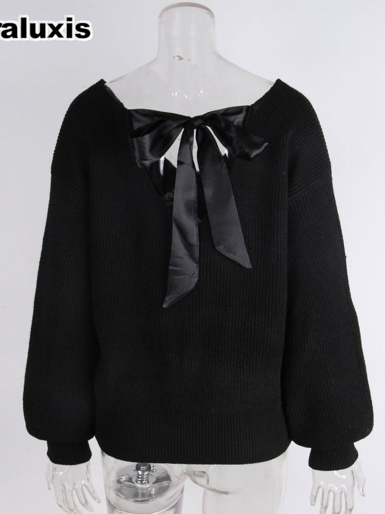 Fall Winter V-Neck Solid Color Women's Top, Imported New Long Sleeve Casual Loose Bow Tie Knit Sweater for Women