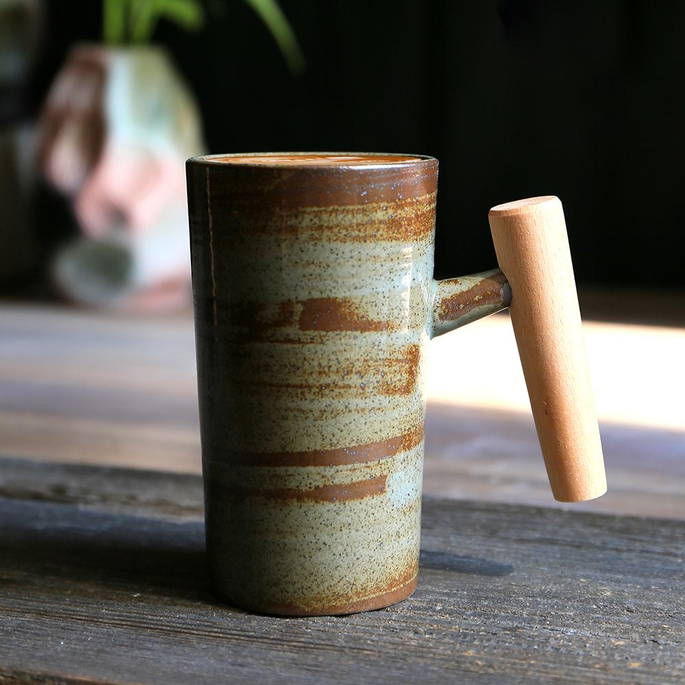 Ceramic Mug Wooden Handle Coffee Cup Vintage Kiln Variation Pottery Large Capacity Tea Water Cup for Home Office Kitchen