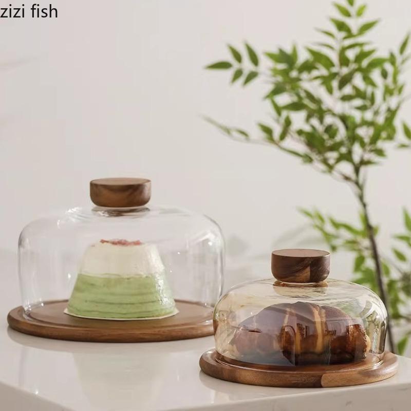 Wooden Cake Tray with Glass Cover Dessert Plate Decorative Plates Display Plates Pastry Plate Tea Tray Fruit Bowl Dim Sum Dish